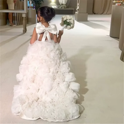 Luxury White Ivory Flower Girl Dresses Pearls Dubai Kids Princess Birthday Wedding Party Children Holiday Gown