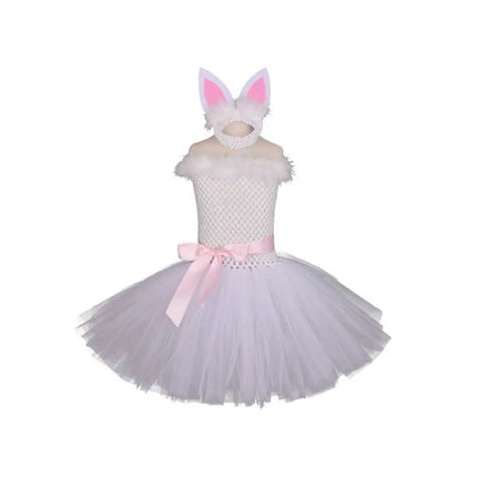 2Pcs Rabbit Costume Set White Size 110 Lovely Easter Party Headdress Dress Kid Festival Outfit Girl Cosplay Birthday Gift