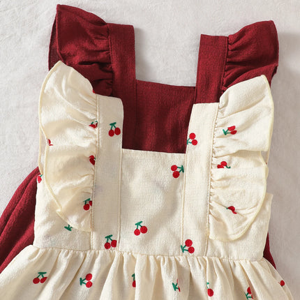 two-Piece Set: New Summer Arrivals for Baby Girls—Apricot and Red Ruffled Sleeveless Dresses with Adorable Cherry Prints.