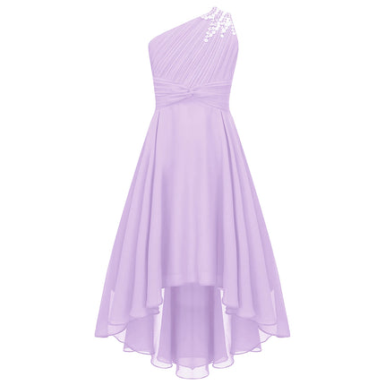 Girls Wedding Bridesmaid Dress Summer Elegant Chiffon One Shoulder Sleeveless Long Dress for Birthday Party Evening Prom Gown