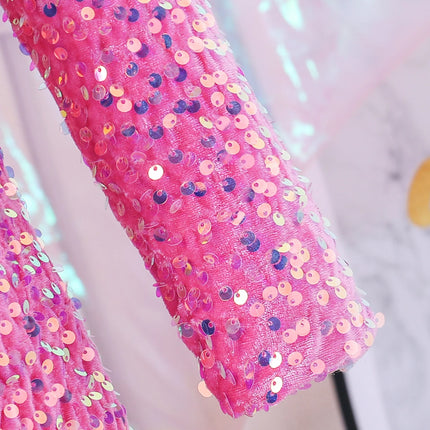 Cute Stylish Girls Pink Sequined Round-Neck Ceremonial Dress Spring Autumn Fashionable Kids' Special Occasion Outfit