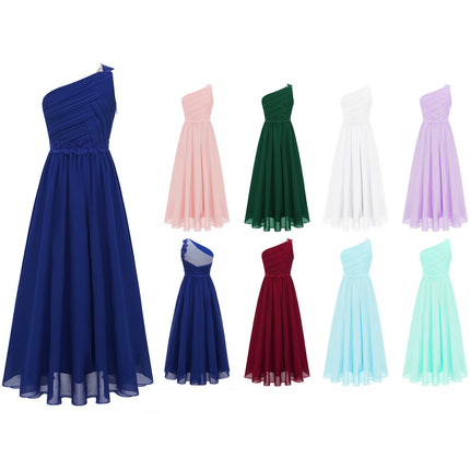 Kids Flower Girls Dress One Shoulder Pleated Evening Wedding Party Formal Occasion Long Maxi Junior Bridesmaid Tulle Dresses