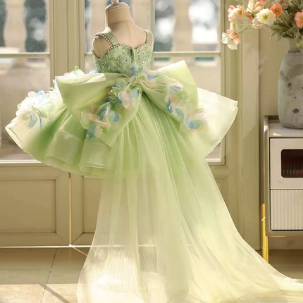 Luxurious and Elegant Girls Summer Dress Green Flower Girl Wedding Dress Children's Birthday Piano Performance Tail Princess Dre