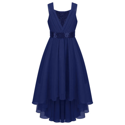 Children Flower Girls Dress Sleeveless Sequin Hi-low Hem Prom Gown Elegant Chiffon Princess Birthday Formal Wedding Party Dress