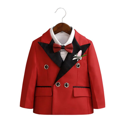 Flower Boys Red Wedding Dress Kids Double-breasted Suit Set Children's Birthday Ceremony Performance Costume