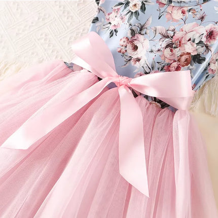 Girls Floral Print Tutu Dress Pink Big Bow Sleeveless Princess Party Dresses Kids Wedding Birthday Pageant Ball Gown Children Fo