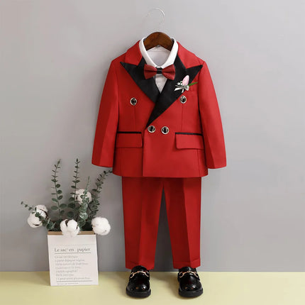 Flower Boys Red Wedding Dress Kids Double-breasted Suit Set Children's Birthday Ceremony Performance Costume