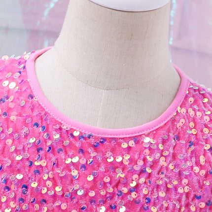 Cute Stylish Girls Pink Sequined Round-Neck Ceremonial Dress Spring Autumn Fashionable Kids' Special Occasion Outfit
