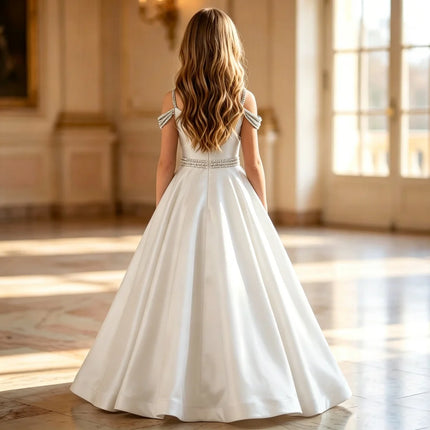 White Elegant Satin Child Wedding Party Dresses Long Beaded Off Shoulder Birthday Flower Girl DressFormal Evening Gowns forGirls