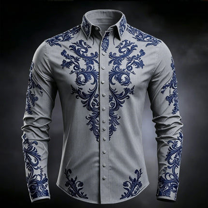 Men's Luxury Baroque Print White Satin Dress Shirt Long Sleeve Slim Fit Formal Business Party Button Down Shirt
