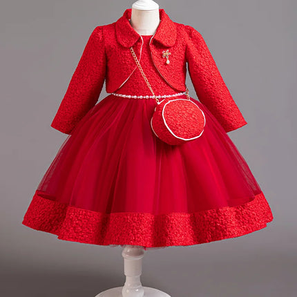 Spring Flower Girl Elegant Dresses for Wedding Girls’ Formal Dress with Bag 3 PC Set Long Sleeve Kids' Clothes 3 to 12 Years