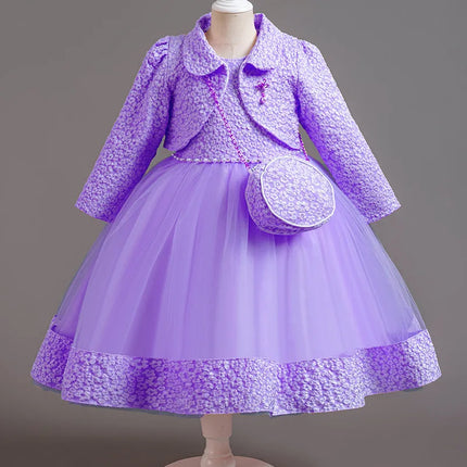 Spring Flower Girl Elegant Dresses for Wedding Girls’ Formal Dress with Bag 3 PC Set Long Sleeve Kids' Clothes 3 to 12 Years
