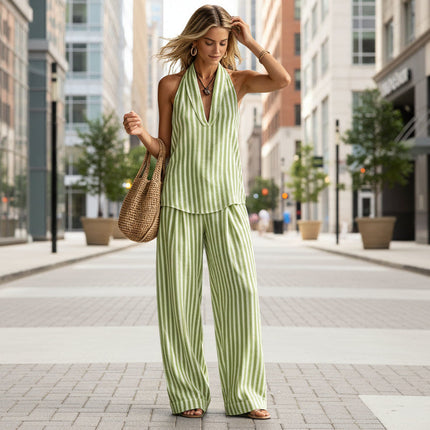 Women's Striped Sleeveless Top & Wide-Leg Pants Set – Fashionable 2-Piece