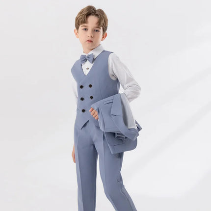 Teenager Kids Beige WaistCoat Shirt Pants Bowtie Tuxedo Dress Boys Vest Suit For Wedding Children Host Photograph Party Costume