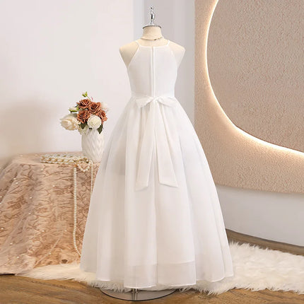Tween Girls White Dress Elegant Halter Neck Chiffon Maxi Dress Junior Bridesmaid Formal Wedding Party Dresses for Kids 8-12 Teen