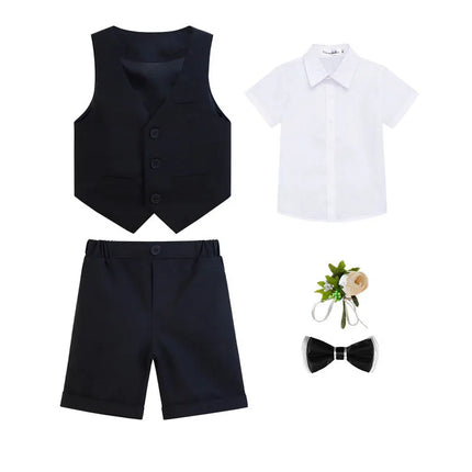 Kids Vest Shirt Shorts Bowtie Ceremony Costume Boys Silm Fit Wedding Dress Children Summer Green Breathable Photography Suit
