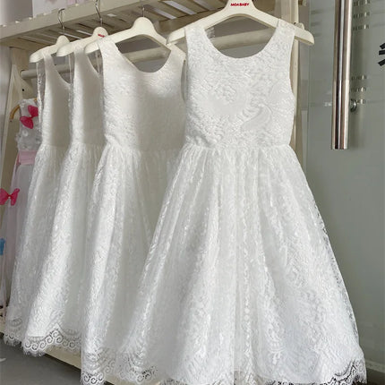 White Lace Flower Girl Dress with Big Bow Elegant Sleeveless A-Line Ball Gowns Formal Communion Wedding Party Dresses