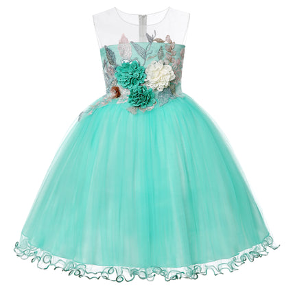 Girls' net-silk embroidered flower wedding birthday party lace princess dress, carnival Christmas dance performance outfit
