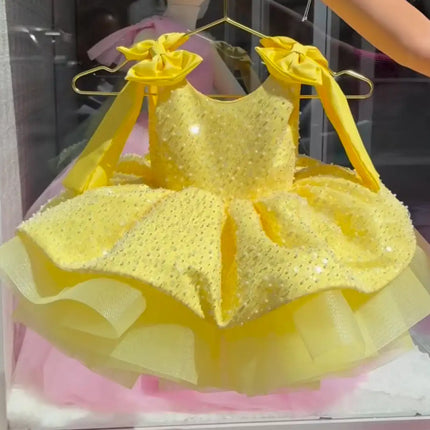 KLFLDG Light luxury baby girl beauty pageant dress with sequins, big bow, birthday party dress, 2-8 year old flower girl wedding