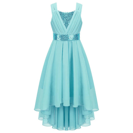 Children Flower Girls Dress Sleeveless Sequin Hi-low Hem Prom Gown Elegant Chiffon Princess Birthday Formal Wedding Party Dress