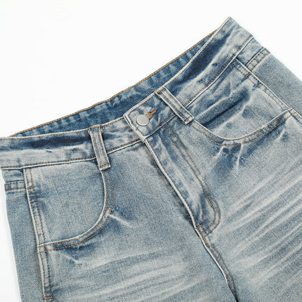 Punk Washed Gradient Wave Pattern Denim Pants Men's Loose Wide Leg Long Trousers Vibe Trendy Distressed Straight Leg Jeans