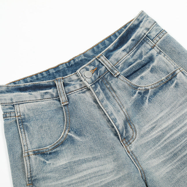 Punk Washed Gradient Wave Pattern Denim Pants Men's Loose Wide Leg Long Trousers Vibe Trendy Distressed Straight Leg Jeans