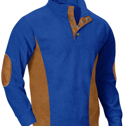 European men's casual stand up collar long sleeved corduroy sweatshirt with pit stripe