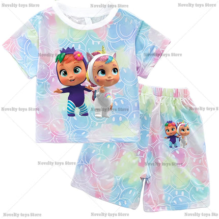 Crying Babies T-shirt Set Children Summer Clothing Girl Cartoon Anime Short Sleeve Sets Leisure Kawaii Clothes Kid Cute Tee Gift