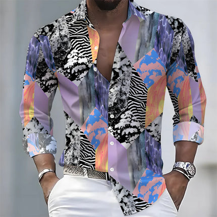 Men's Light Luxury Style Color Block Print Long-Sleeve Shirt, Business Casual Versatile Lapel Loose Fit Fashion Shirt