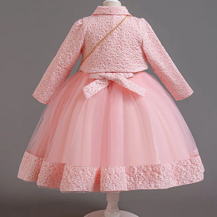 Spring Flower Girl Elegant Dresses for Wedding Girls’ Formal Dress with Bag 3 PC Set Long Sleeve Kids' Clothes 3 to 12 Years