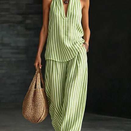 Women's Striped Sleeveless Top & Wide-Leg Pants Set – Fashionable 2-Piece
