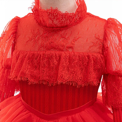 Lydia Deetz Costume Wedding Dress Girls Gothic Red Gown For Children Halloween Beetle Ghost Bride Cosplay Christmas Party Outfit
