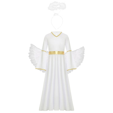 Sweet Girls Angel Costume Outfits Kids White Fancy Princess Church Robes Angel Dress+Feather Wings+Headband Dress Up 3Pcs Set