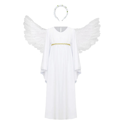 Sweet Girls Angel Costume Outfits Kids White Fancy Princess Church Robes Angel Dress+Feather Wings+Headband Dress Up 3Pcs Set