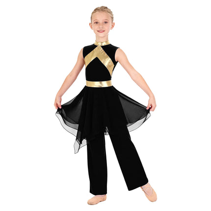 Kids Girl Worship Praise Dance Outfit Metallic Contrast Color Sleeveless Asymmetrical Hem Dress+Wide-Leg Pants for Church Events