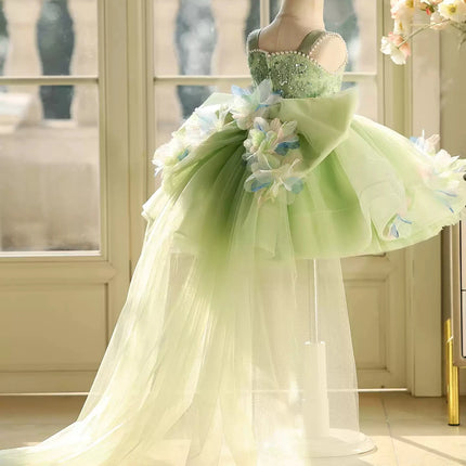 Luxurious and Elegant Girls Summer Dress Green Flower Girl Wedding Dress Children's Birthday Piano Performance Tail Princess Dre