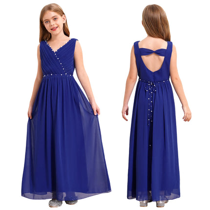 Kids Girls Wedding Bridesmaid Dress Spaghetti Strap Elegant Chiffon Maxi Party Dresses with Faux Pearls Belt for Banquet Pageant