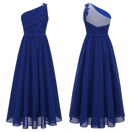 Kids Flower Girls Dress One Shoulder Pleated Evening Wedding Party Formal Occasion Long Maxi Junior Bridesmaid Tulle Dresses