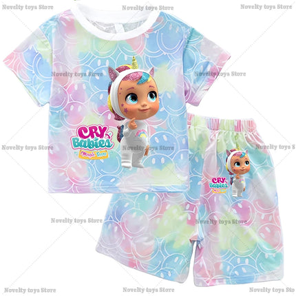Crying Babies T-shirt Set Children Summer Clothing Girl Cartoon Anime Short Sleeve Sets Leisure Kawaii Clothes Kid Cute Tee Gift
