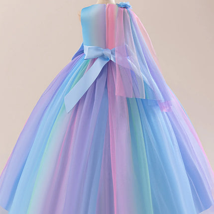 Rainbow Mesh Girls Elegant Bridesmaid Party Dress Kids Wedding Birthday Princess Evening Gown 10 12 Years