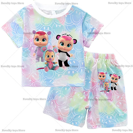 Crying Babies T-shirt Set Children Summer Clothing Girl Cartoon Anime Short Sleeve Sets Leisure Kawaii Clothes Kid Cute Tee Gift