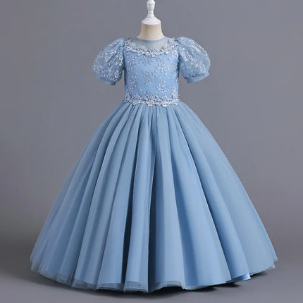 8901 Children's Dress for Girls' 4-12 Years Old Princess Sequin Bubble Sleeve Long Mesh Flower Girl Wedding Little Summer