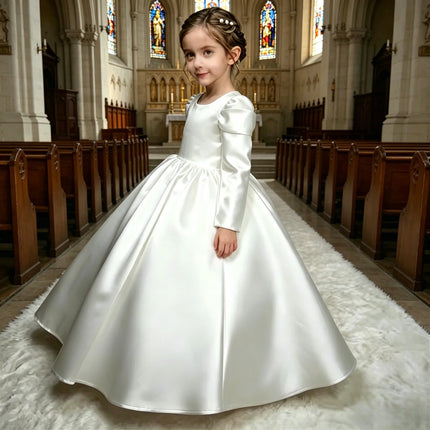 Modest Plain White Satin First Holy Communion Dress Long Puff Sleeve Pearl Button Back Kids Church Gown Flower Girl Dress