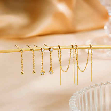 18K Gold and Zircon Tassel Earring Set (3-Piece)