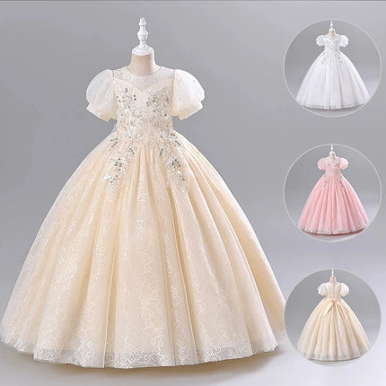 Fashion Flower Girl Dresses for Weddings Mesh Lace Short Sleeve Girls Sequin Dress Summer Children Evening Dresses 3-13 Years
