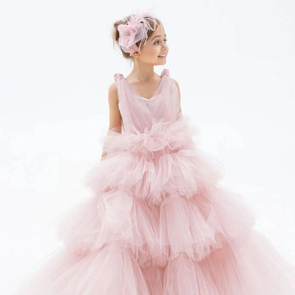 Customized Flower Gir Dress For Wedding Light Pink Tiered Tulle Sleeveless Fluffy Child First Eucharistic Birthday Party Dresses