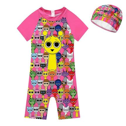 Summer Sprunki Plush Swimwear Kids Costume Toddler Baby One-piece Swimming Cap Bathing Suit Boys Girls Sprunki Print Beachwear