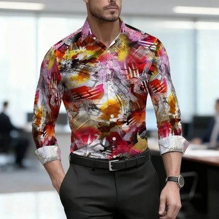 Men's shirt, personalized contrasting color abstract printed shirt, trendy artistic style, long sleeved lapel shirt, casual top