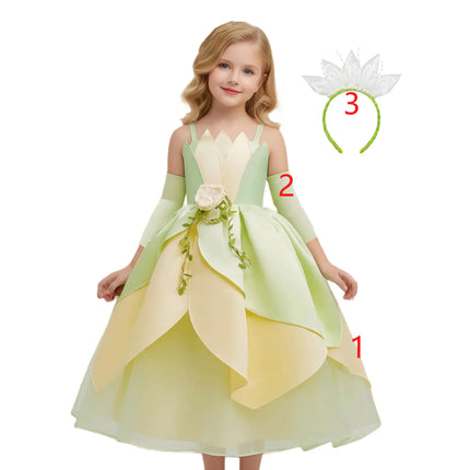 Summer Delicate Yellow Green Frock Flower Girls Wedding Party Dress Birthday Tiana Cosplay Princess and Frog Fairy Tale Costume