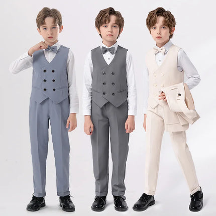 Teenager Kids Beige WaistCoat Shirt Pants Bowtie Tuxedo Dress Boys Vest Suit For Wedding Children Host Photograph Party Costume